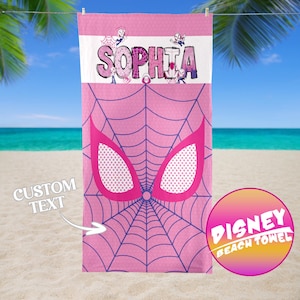 May include: Pink beach towel featuring a Spider-Man web design and the name "SOPHIA" in purple letters. The towel has a pink and white color scheme with a "DISNEY BEACH TOWEL" logo. The words "CUSTOM TEXT" are also visible.