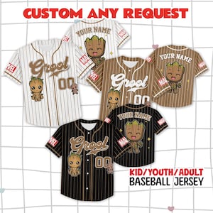 May include: Baseball jerseys with a Groot graphic in various colors: white, brown, and black. The jerseys have pinstripes and the text "Groot" and "00". The text "YOUR NAME" is also visible on some jerseys. The text "CUSTOM ANY REQUEST" and "KID/YOUTH/ADULT BASEBALL JERSEY" are also visible.