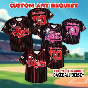May include: Baseball jerseys with various Spiderman designs. The jerseys are black with red pinstripes and feature different Spiderman characters and the text "Spidey", "Spin", and "Ghost Spider". The jerseys are available in kid, youth, and adult sizes. The text "CUSTOM ANY REQUEST" is at the top.