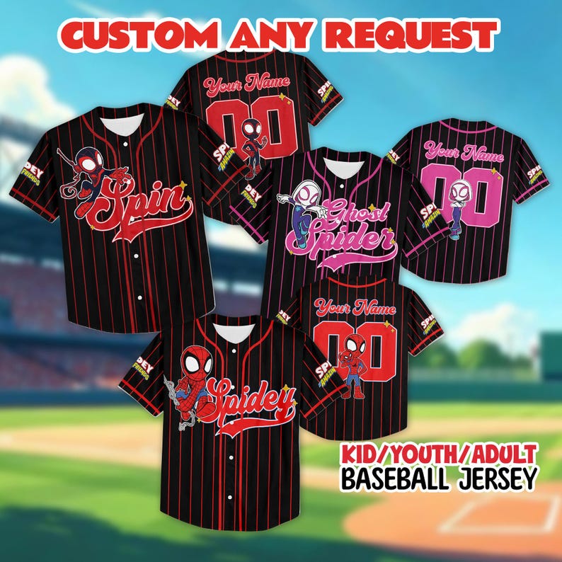 May include: Baseball jerseys with various Spiderman designs. The jerseys are black with red pinstripes and feature different Spiderman characters and the text "Spidey", "Spin", and "Ghost Spider". The jerseys are available in kid, youth, and adult sizes. The text "CUSTOM ANY REQUEST" is at the top.