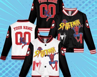 May include: Four Spider-Man varsity jackets in black and white with red accents. Each jacket features the Spider-Man logo, a Spider-Man graphic, and the option to add a name and number. The jackets have a button-up front and striped cuffs.