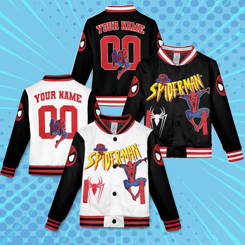 May include: Four Spider-Man varsity jackets in black and white with red accents. Each jacket features the Spider-Man logo, a Spider-Man graphic, and the option to add a name and number. The jackets have a button-up front and striped cuffs.