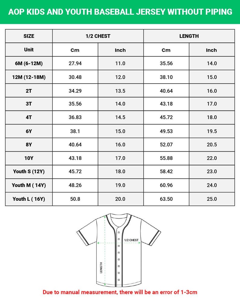 Puede incluir: Tabla de tallas para camisetas de b&eacute;isbol AOP Kids y Youth sin ribetes. Las medidas en cm y pulgadas se proporcionan para el pecho y la longitud. Las tallas van desde 6 meses hasta Youth Large (16Y). Tambi&eacute;n se incluye un diagrama de la camiseta.