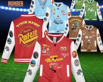 Custom Disney Cars Characters Collection Kids Youth Baseball Varsity Jacket, Cars Adult Varsity Baseball Jacket, Lightning MCqueen Jacket