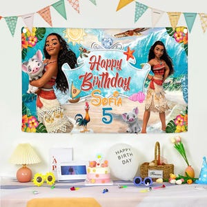 May include: A rectangular birthday banner featuring Moana, Pua the pig, and Heihei the rooster against a tropical beach background. The text reads Happy Birthday Sofia 5 in red and orange script. The banner is decorated with flowers and ocean motifs.