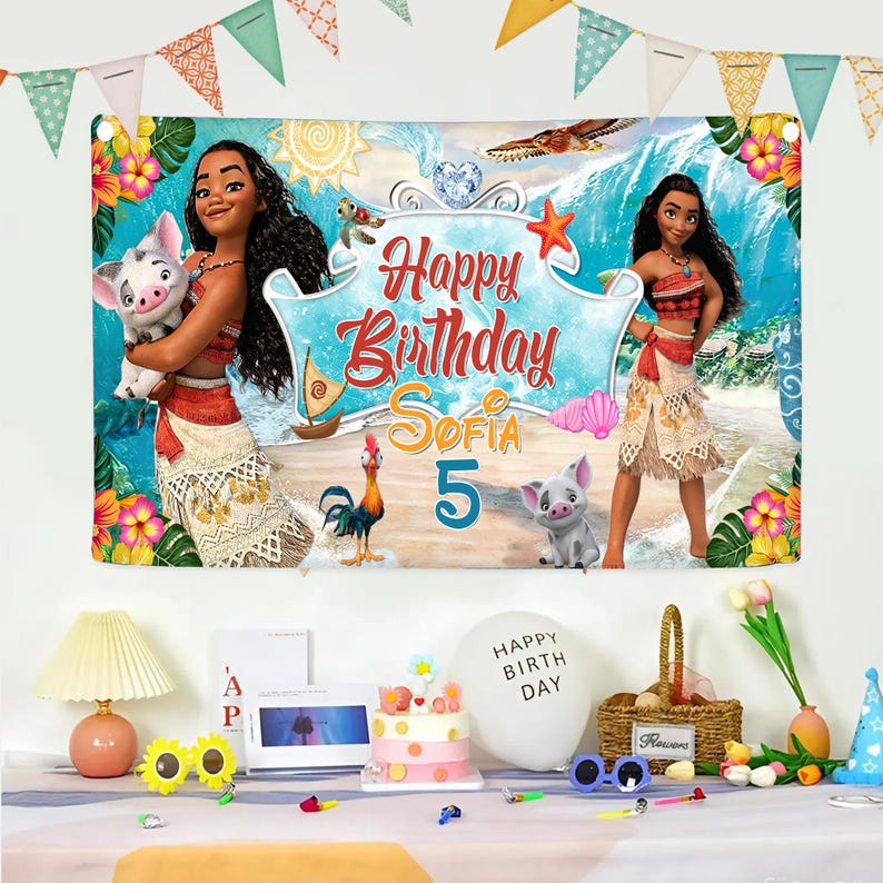 May include: A rectangular birthday banner featuring Moana, Pua the pig, and Heihei the rooster against a tropical beach background. The text reads Happy Birthday Sofia 5 in red and orange script. The banner is decorated with flowers and ocean motifs.