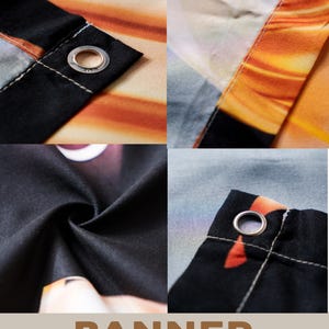 May include: Close-up details of a banner with a vibrant orange and yellow gradient design. The banner has reinforced corners with metal grommets for hanging. The word "BANNER" is printed in a brown font at the bottom.