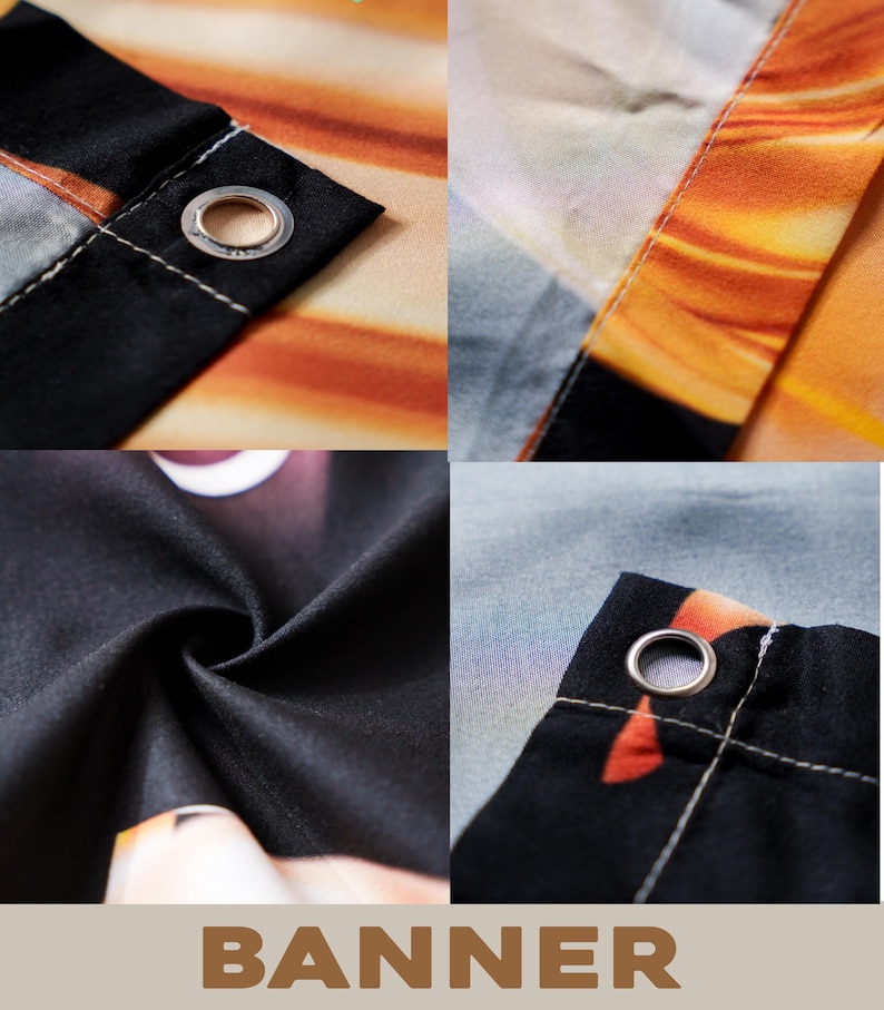 May include: Close-up details of a banner with a vibrant orange and yellow gradient design. The banner has reinforced corners with metal grommets for hanging. The word "BANNER" is printed in a brown font at the bottom.