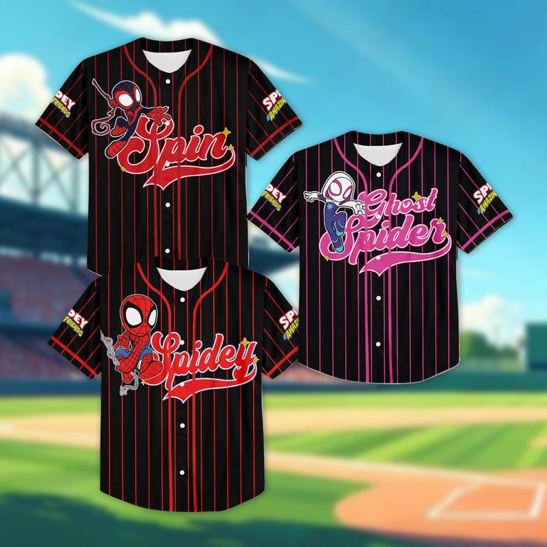 May include: Three baseball jerseys with Spiderman graphics. The jerseys are black with red vertical stripes and feature the words "Spin", "Spidey", and "Ghost Spider" in red and pink. The jerseys have white collars and cuffs.