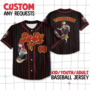 May include: A black baseball jersey with red pinstripes, featuring a graphic of Sally on the front and back. The front displays the name Sally and the number 00 in red and yellow. The back includes the text YOUR NAME in yellow and red.