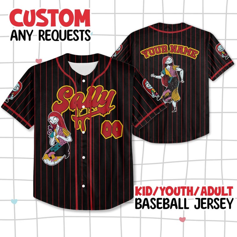 May include: A black baseball jersey with red pinstripes, featuring a graphic of Sally on the front and back. The front displays the name Sally and the number 00 in red and yellow. The back includes the text YOUR NAME in yellow and red.