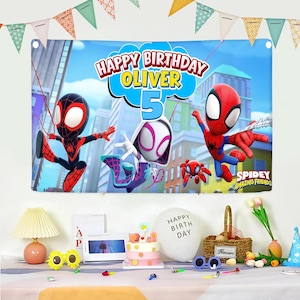 May include: A rectangular birthday banner featuring Spidey and His Amazing Friends characters, the text "HAPPY BIRTHDAY OLIVER 5", and a city background. The banner is decorated with colorful triangular bunting flags along the top edge.
