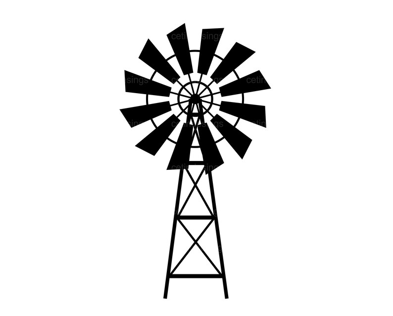 May include: Black silhouette of a windmill with a tall, narrow tower and a circular set of blades.