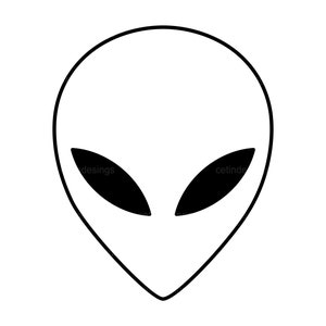 May include: A minimalist illustration of an alien's head. The design features a white oval face with two large, black, almond-shaped eyes. The outline is a thick black line, creating a simple yet striking image.