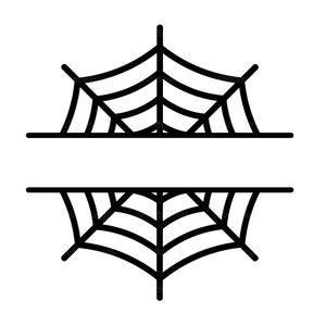 May include: Black and white line art illustration of a spider web split in half with a blank space in the middle. The web is a traditional design with eight points and a central hub.