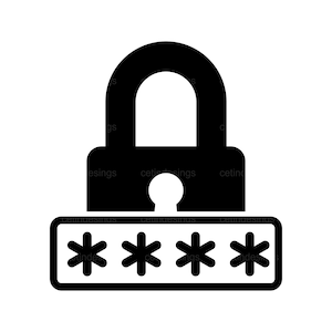 Puede incluir: Candado negro con un ojo de cerradura y un rectángulo negro debajo con cuatro asteriscos, que representan una contraseña.