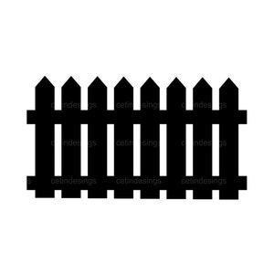 Pode incluir: Silhueta preta de uma cerca de madeira com pontas. A cerca é feita de ripas verticais com uma ripa horizontal na parte superior e inferior.