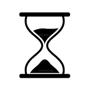 May include: A black hourglass with sand flowing through the top bulb. The hourglass is a symbol of time and is often used to represent the passage of time.