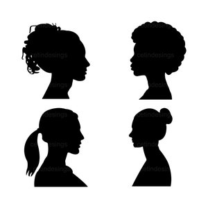 May include: Four black and white silhouette images of women's heads in profile. Each woman has a different hairstyle.