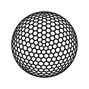 May include: Black and white illustration of a golf ball with a dimpled surface.
