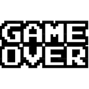 May include: Black and white pixelated image of the words "GAME OVER" in a retro video game style.