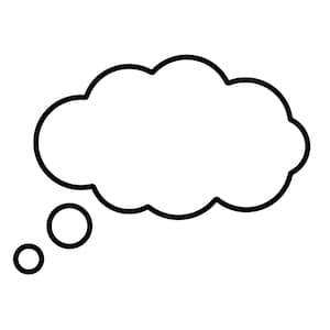 May include: A black outline of a thought bubble, resembling a cloud, with two smaller circles below it. The design is simple and graphic, set against a white background, suitable for various design applications.