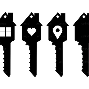 May include: Four black silhouette keychains shaped like houses with different symbols inside. The first keychain has a window, the second has a heart, the third has a location pin, and the fourth is blank.