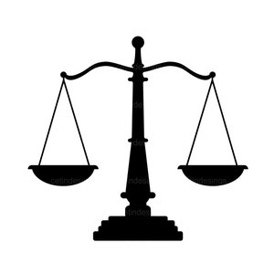 May include: A black silhouette of a scale with two equal-sized pans hanging from a central beam. The scale is balanced, suggesting justice and fairness.