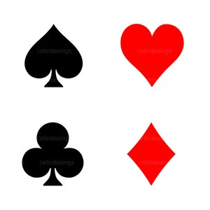 Könnte beinhalten: Vier Spielkartenfarben: ein schwarzes Pik, ein schwarzes Kreuz, ein rotes Herz und eine rote Raute.