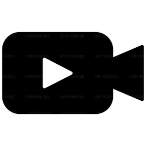May include: Black and white icon of a video camera with a play button in the center.