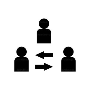 May include: Black and white illustration of three people, with two people on the bottom facing each other and a person on the top facing the two people on the bottom.  Arrows point between the two people on the bottom, indicating communication.