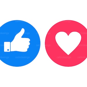 May include: Two blue and red circles with white icons. The blue circle has a white thumbs up icon. The red circle has a white heart icon.