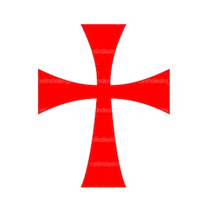 Könnte beinhalten: Ein rotes Kreuz mit vier Spitzen, auch bekannt als Malteserkreuz, auf weißem Hintergrund.