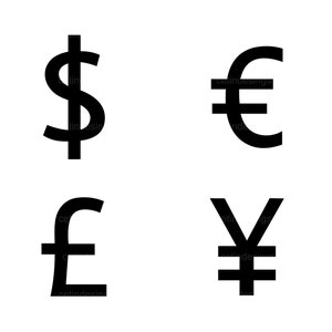 Currencies Svg | Dollar, Euro, Pound, Yuan | Svg, Cut File, Icon