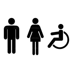 Könnte beinhalten: Schwarz-weiße Silhouetten-Symbole einer Person, einer Person mit Rock und einer Person im Rollstuhl. Die Symbole werden üblicherweise verwendet, um Toiletten anzuzeigen.