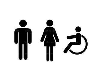 May include: Black and white silhouette icons of a person, a person with a skirt, and a person in a wheelchair. The icons are commonly used to indicate restrooms.