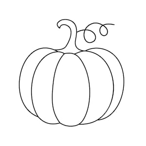 May include: A black and white line drawing of a pumpkin with a stem and a curly vine.