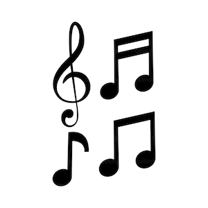 May include: Black and white musical notes and a treble clef. The notes are in a stylized, hand-drawn style.