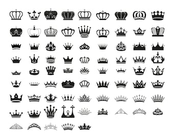 May include: A collection of 60 black and white crown silhouettes in various styles. The crowns are arranged in rows and columns on a white background.