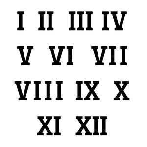 May include: Black Roman numerals I to XII are displayed on a white background. The numerals are evenly spaced and arranged in rows, with each numeral clearly visible. The font is bold and classic.