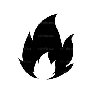 May include: A black silhouette of a flame with a pointed tip and a rounded base.