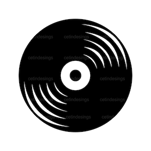 May include: A black vinyl record with a white label in the center. The record has concentric grooves that radiate outward from the center.