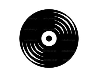 May include: A black vinyl record with a white label in the center. The record has concentric grooves that radiate outward from the center.