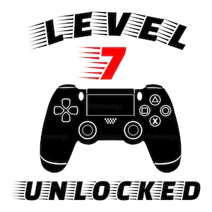 May include: Black and white graphic with the text "LEVEL" in a black stylized font with a red number "7" in the center. The text "UNLOCKED" is in black stylized font below the number. A black silhouette of a video game controller is in the center of the graphic.