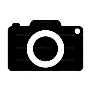 Pode incluir: Uma silhueta preta e branca de uma câmera com uma lente grande.