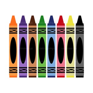 May include: Eight crayons in different colors, including orange, purple, brown, green, blue, pink, yellow, and gray. The crayons are arranged in a row, with the tips facing the viewer.