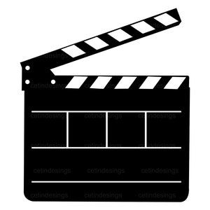 May include: A black and white film clapperboard, with the top section open. The clapperboard has a rectangular body with white lines and boxes for information. The top section has black and white stripes.