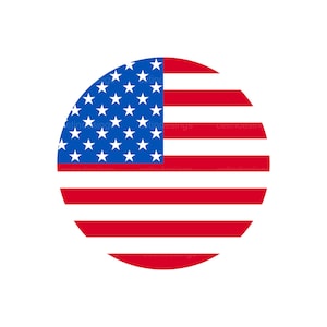 Op de afbeelding: Een cirkelvormige afbeelding van de Amerikaanse vlag. De vlag is rood, wit en blauw met 13 horizontale strepen en 50 witte sterren op een blauw veld.