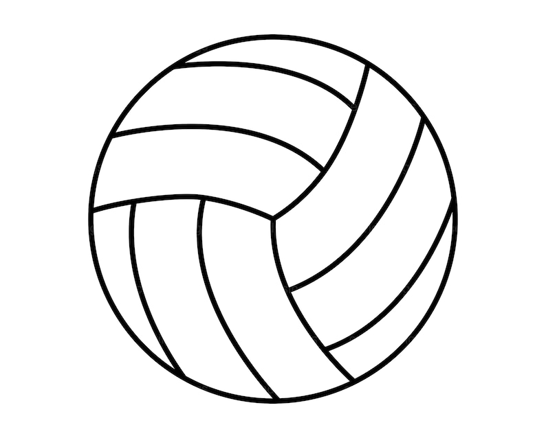 May include: A black and white line drawing of a volleyball.