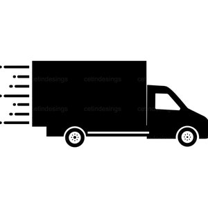May include: A black silhouette of a delivery truck speeding to the right. The truck has a boxy body and a cab with a windshield. The truck is on a white background.